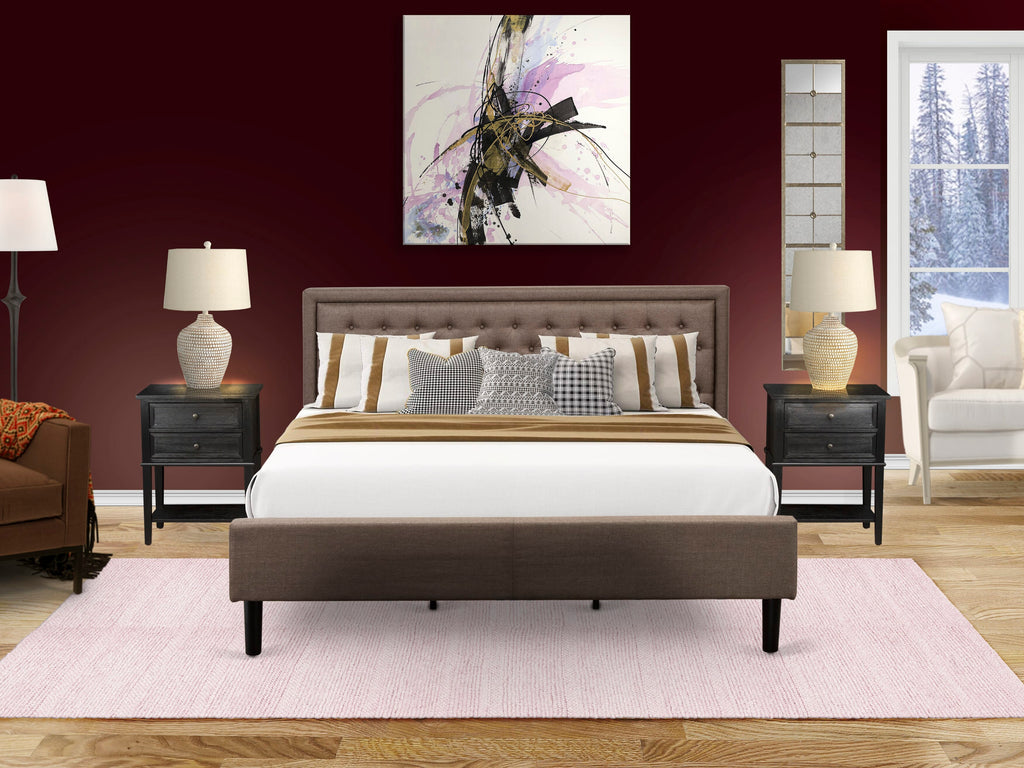 KD18K-F2N81 Upscale 3-Piece King Bedroom Collection - Padded Brown Linen Bed with Tufted Headboard & Twin Nightstands, Black Elegance