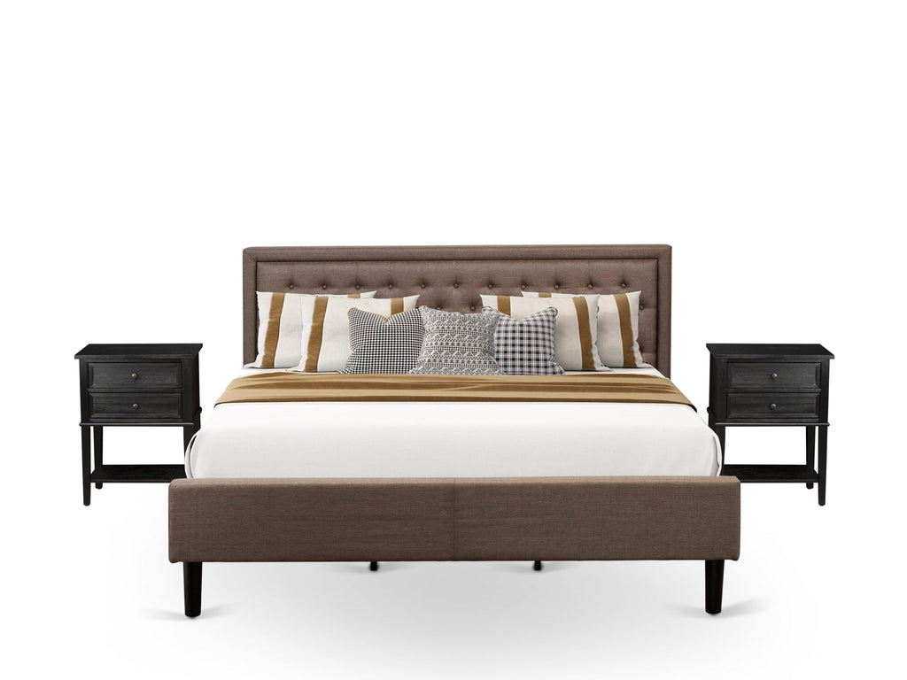 KD18K-F2N81 Upscale 3-Piece King Bedroom Collection - Padded Brown Linen Bed with Tufted Headboard & Twin Nightstands, Black Elegance