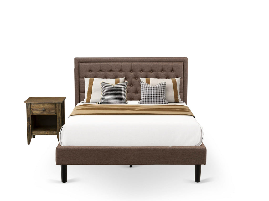 KD18Q-5X2B2 Two-Piece Queen Set Button Tufted Bed Frame & Nightstand with Drawer, Brown & Black Finish