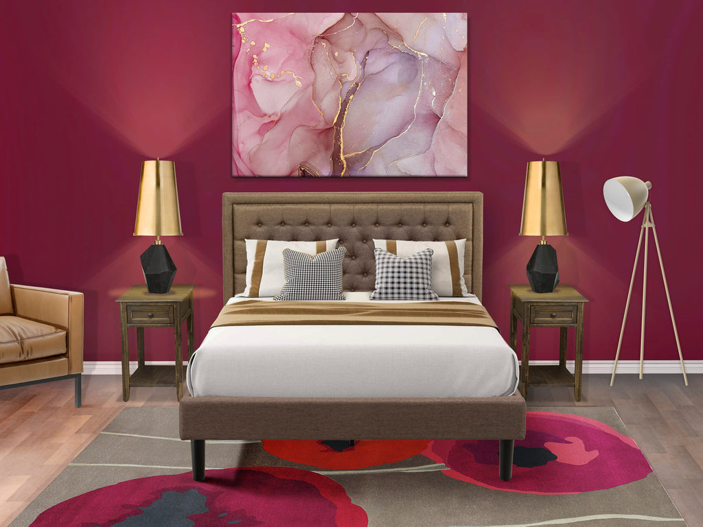 KD18Q-IQOXP Inviting 3 Piece Bed Ensemble Elegant Brown Linen Upholstered Bed Frame and Button-Tufted Headboard Accompanied by Two Stylish Vintage Nightstands with Black Wooden Legs
