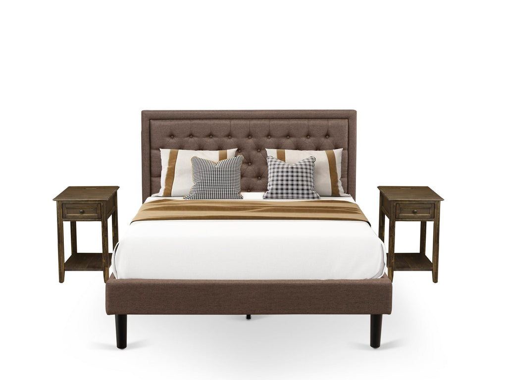 KD18Q-IQOXP Inviting 3 Piece Bed Ensemble Elegant Brown Linen Upholstered Bed Frame and Button-Tufted Headboard Accompanied by Two Stylish Vintage Nightstands with Black Wooden Legs