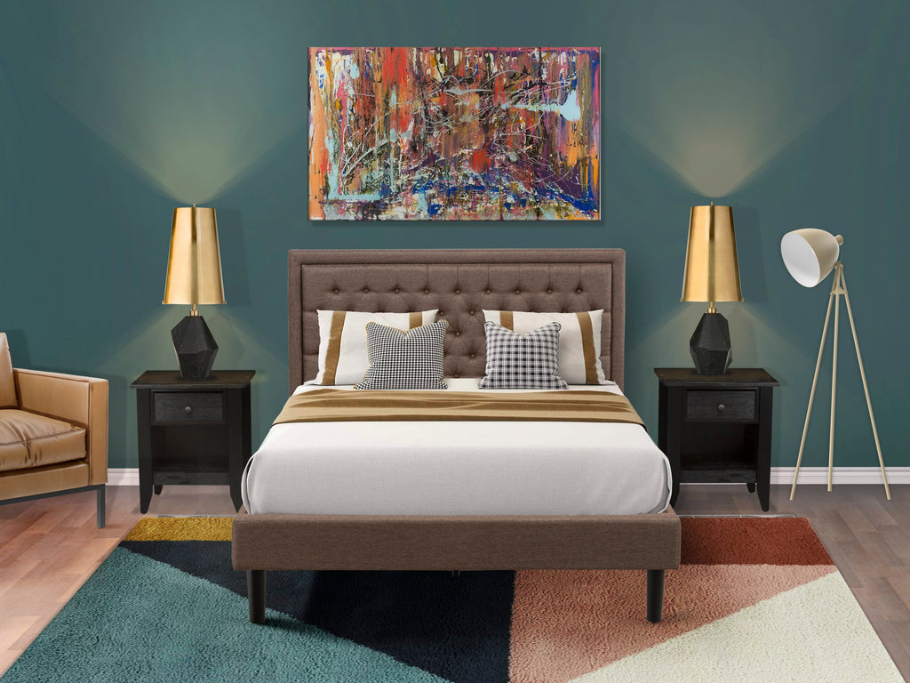 KD18Q-AITPW 3 Piece Queen Suite - Queen Frame Set with Brown Padded Tufted Headboard & Twin Night Stands