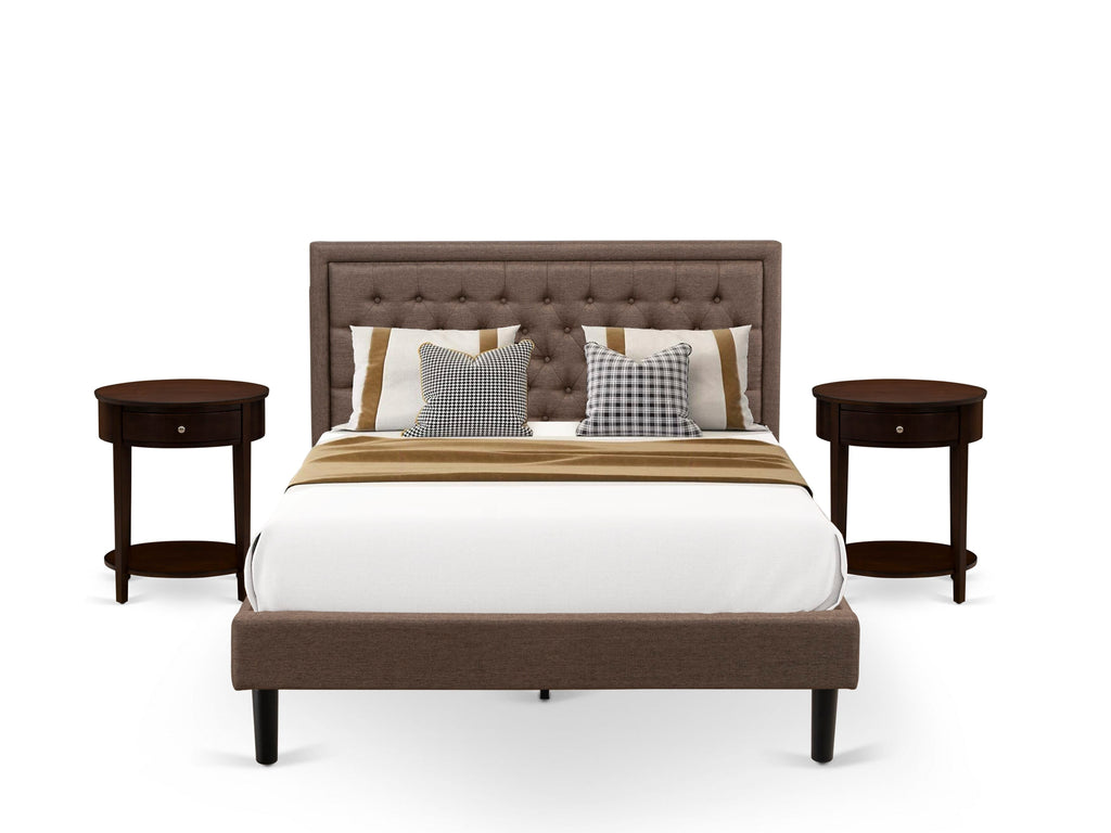 KD18Q-5JL0V Elegant Brown & Linen Bed Package with Tufted Padded Headboard and Matching Wooden Nightstands