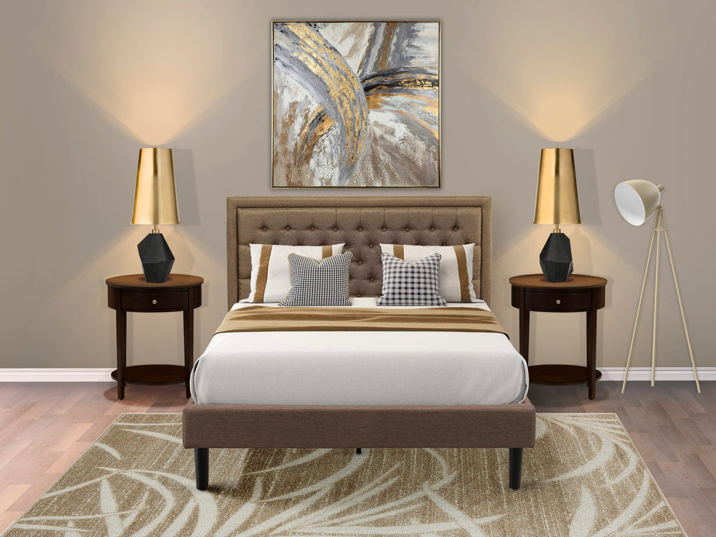 KD18Q-5JL0V Elegant Brown & Linen Bed Package with Tufted Padded Headboard and Matching Wooden Nightstands