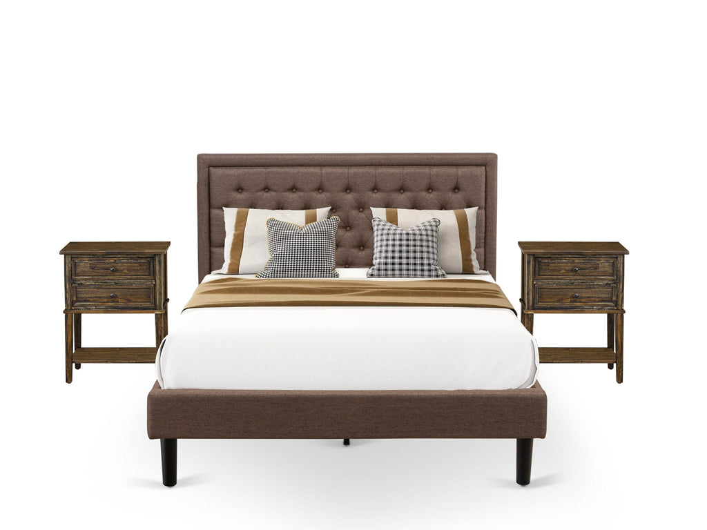 KD18Q-TZ5K5 3-Piece Bedroom Ensemble Upholstered Brown Fabric Bed with Button-Tufted Headboard & Two Compact Nightstands with Black Legs