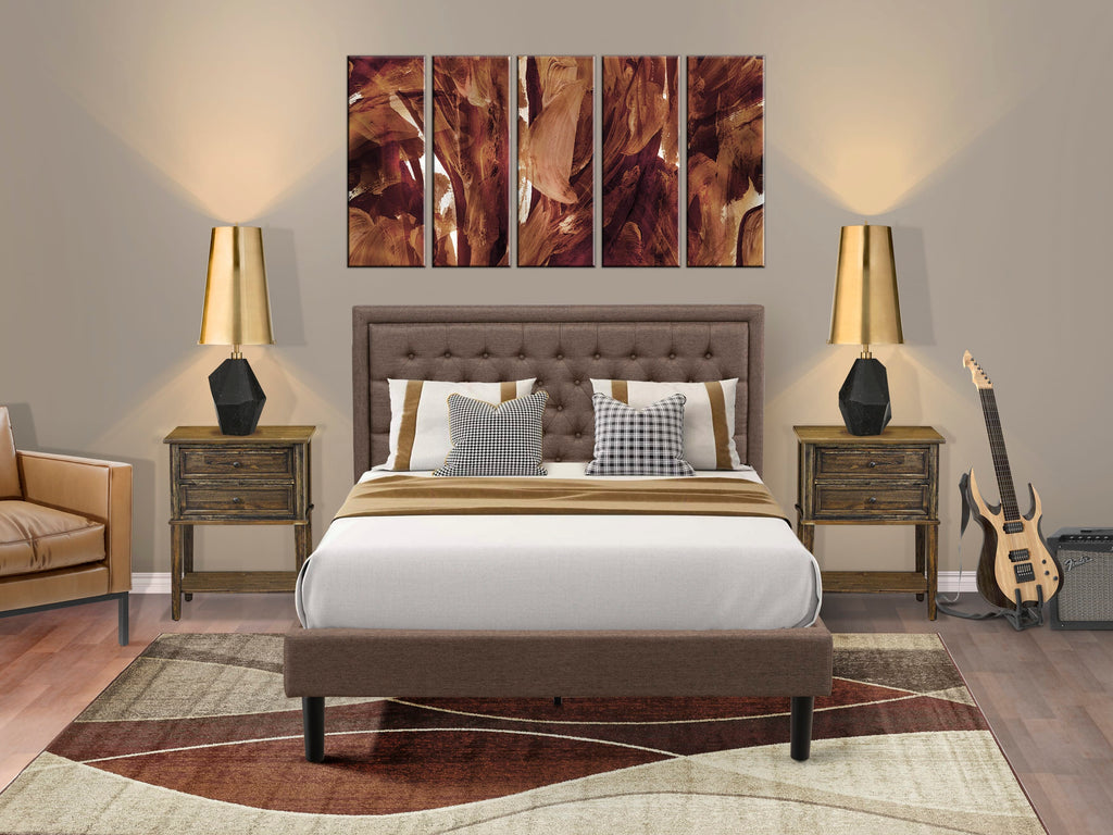 KD18Q-TZ5K5 3-Piece Bedroom Ensemble Upholstered Brown Fabric Bed with Button-Tufted Headboard & Two Compact Nightstands with Black Legs