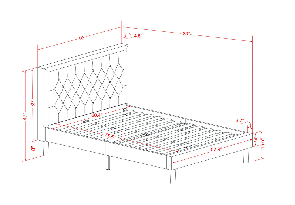 KDF-10-L Queen Platform Bed with Tufted Dark Khaki Linen Headboard & Stylish Black Legs Elegance