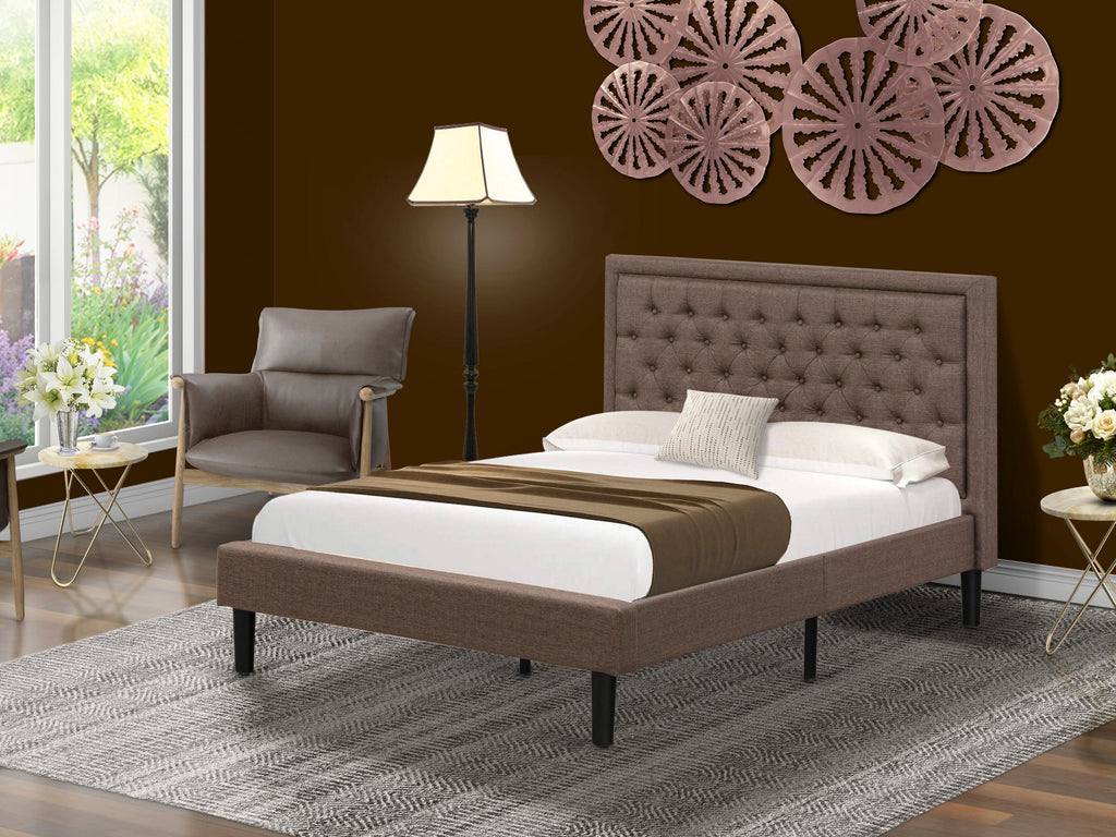 KDF-10-7 Tufted Upholstered Full Bed Frame in Brown Fabric with Stylish Headboard Trim Design, Black Legs