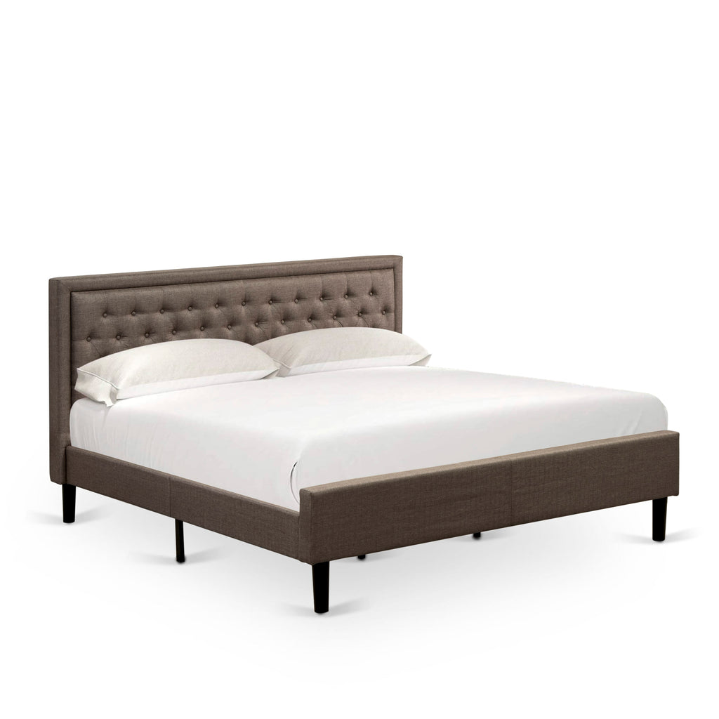 KD18K-X12C7 2-Piece King Bedroom Ensemble - Stylish King Bed with Button Tufted Brown Linen Headboard & Matching Nightstand with Drawer in Black Legs