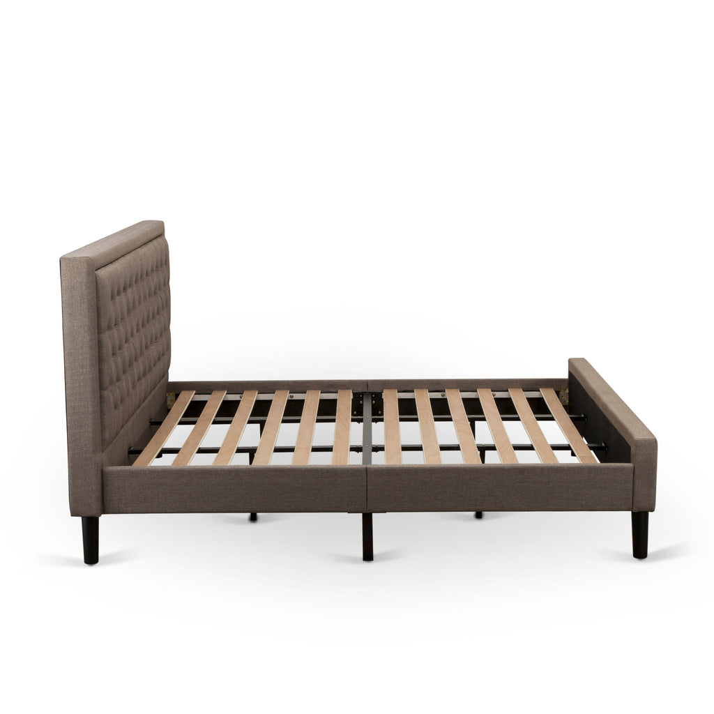 KD18K-X12C7 2-Piece King Bedroom Ensemble - Stylish King Bed with Button Tufted Brown Linen Headboard & Matching Nightstand with Drawer in Black Legs
