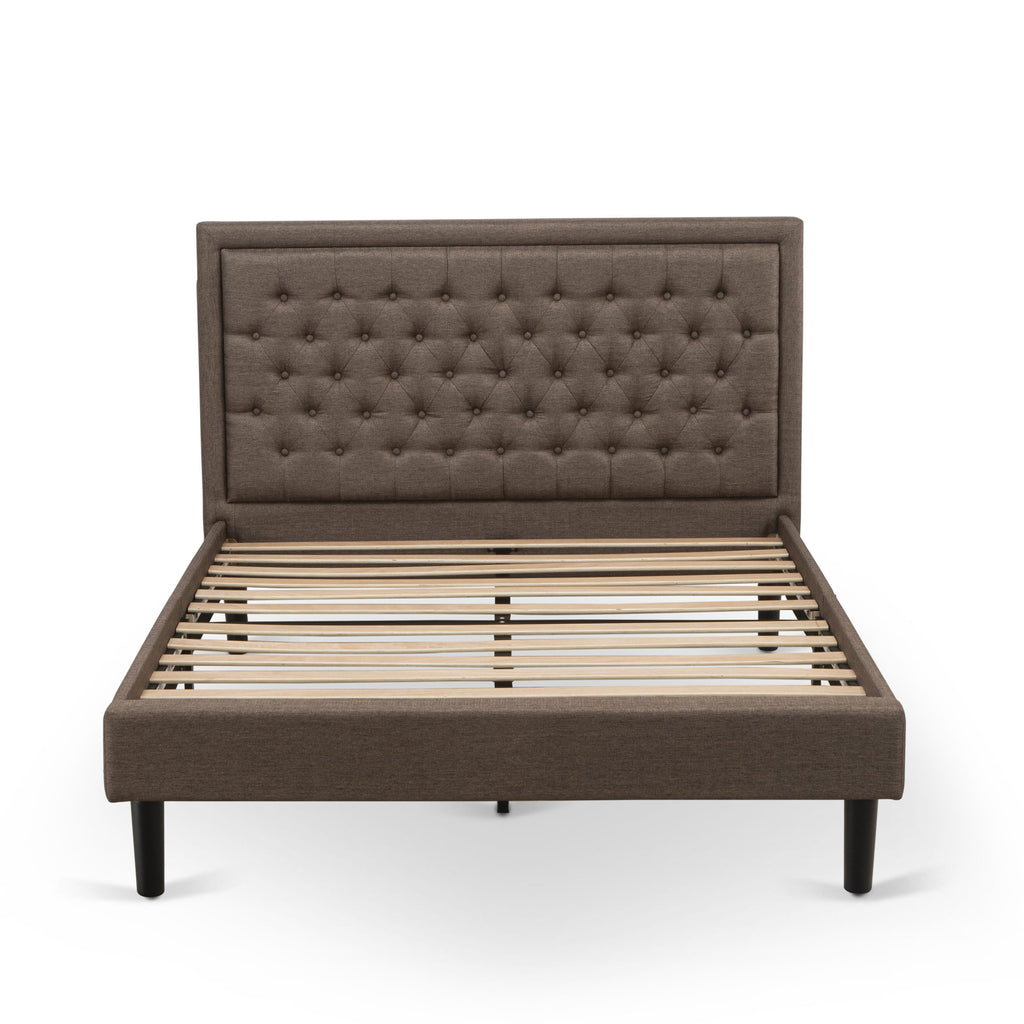 KDF-16-7 Elegant Queen Platform Bed Frame in Brown Linen with Upholstered Tufted Headboard and Black Legs