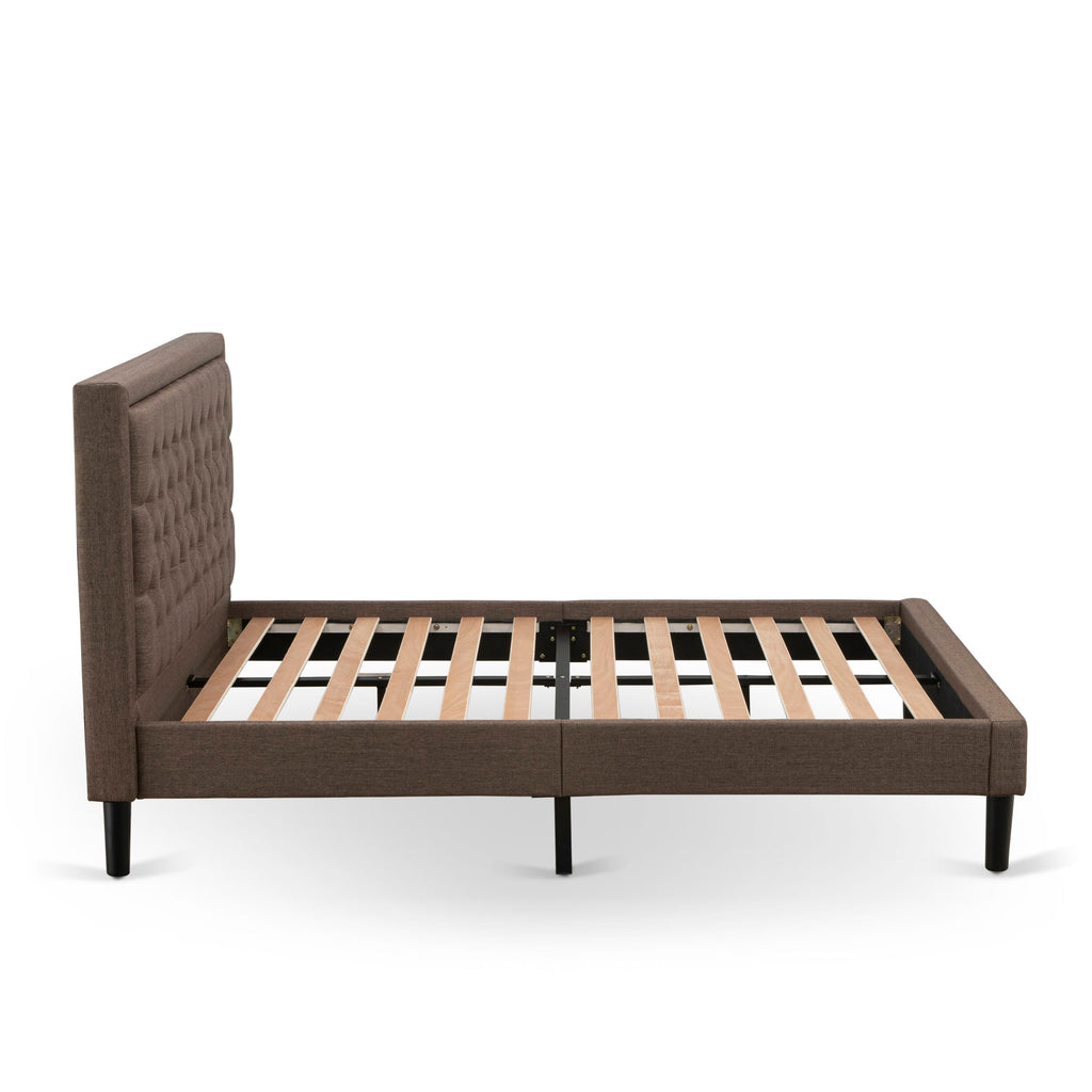KDF-16-7 Elegant Queen Platform Bed Frame in Brown Linen with Upholstered Tufted Headboard and Black Legs