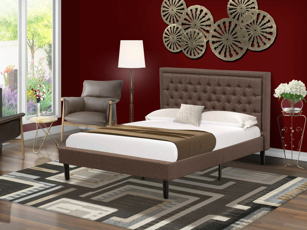 KDF-16-7 Elegant Queen Platform Bed Frame in Brown Linen with Upholstered Tufted Headboard and Black Legs