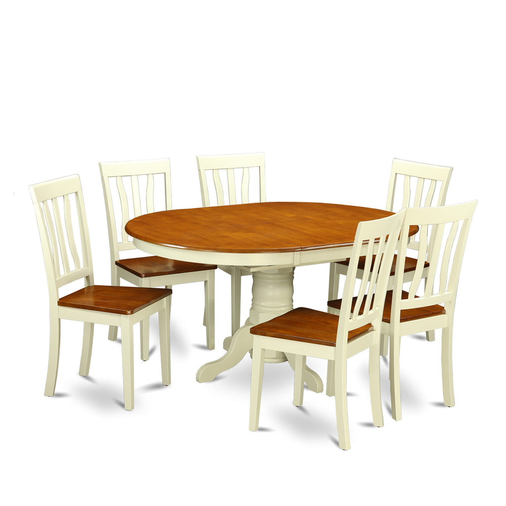 KEAN7-8SZ-2 Oval Extension Table Set - 7 Pieces with Butterfly Leaf & 6 Matching Seating, 42x60 Buttermilk & Cherry