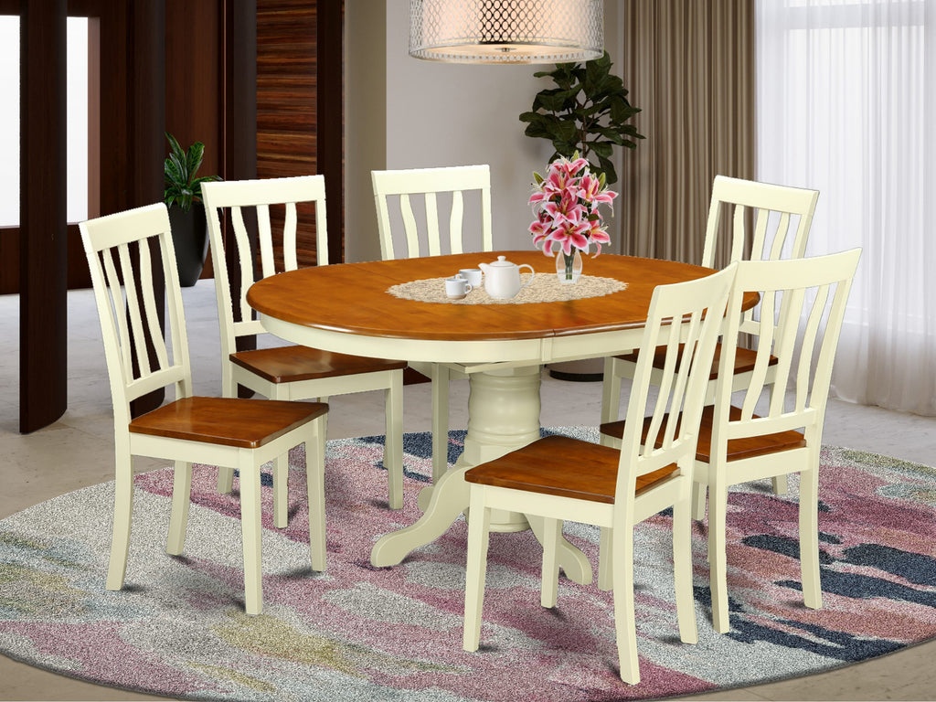 KEAN7-8SZ-2 Oval Extension Table Set - 7 Pieces with Butterfly Leaf & 6 Matching Seating, 42x60 Buttermilk & Cherry