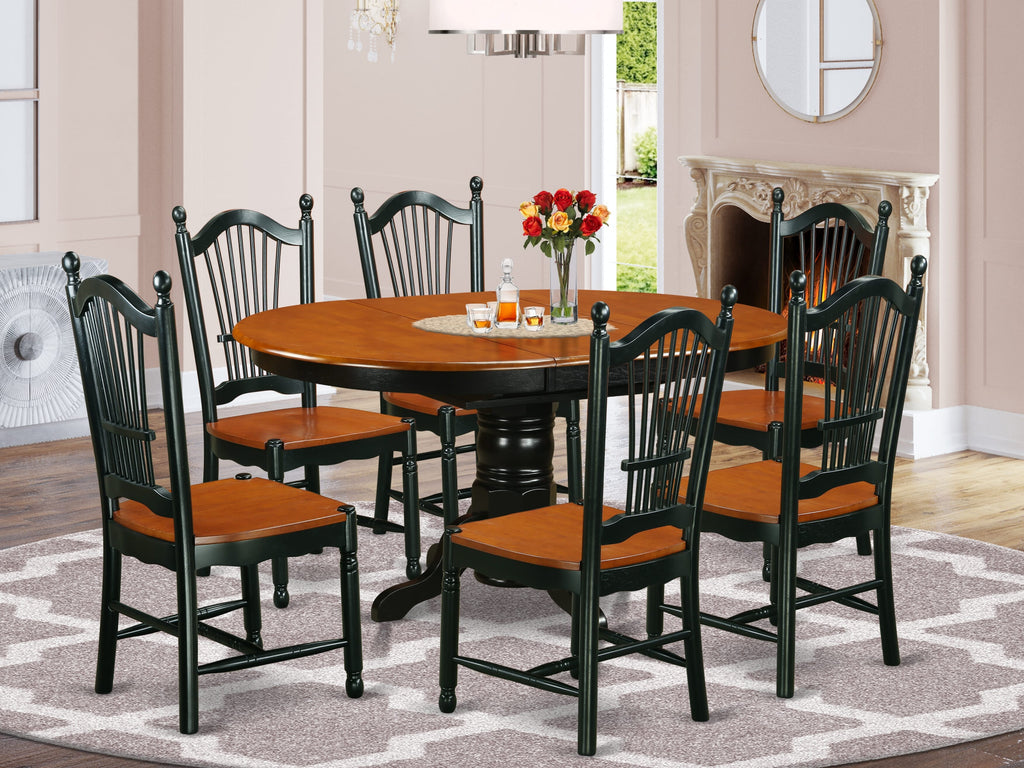 KEDO7-JEE-9 Elegant Oval Dining Set 7-Piece Wooden Table with Butterfly Extension and 6 Chairs in Rich Black & Cherry