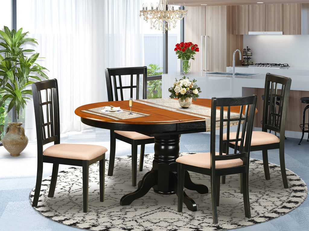 KENI5-79O-8 Five Piece Dining Ensemble Oval Table with Folding Leaf & Upholstered Chairs, Black & Cherry