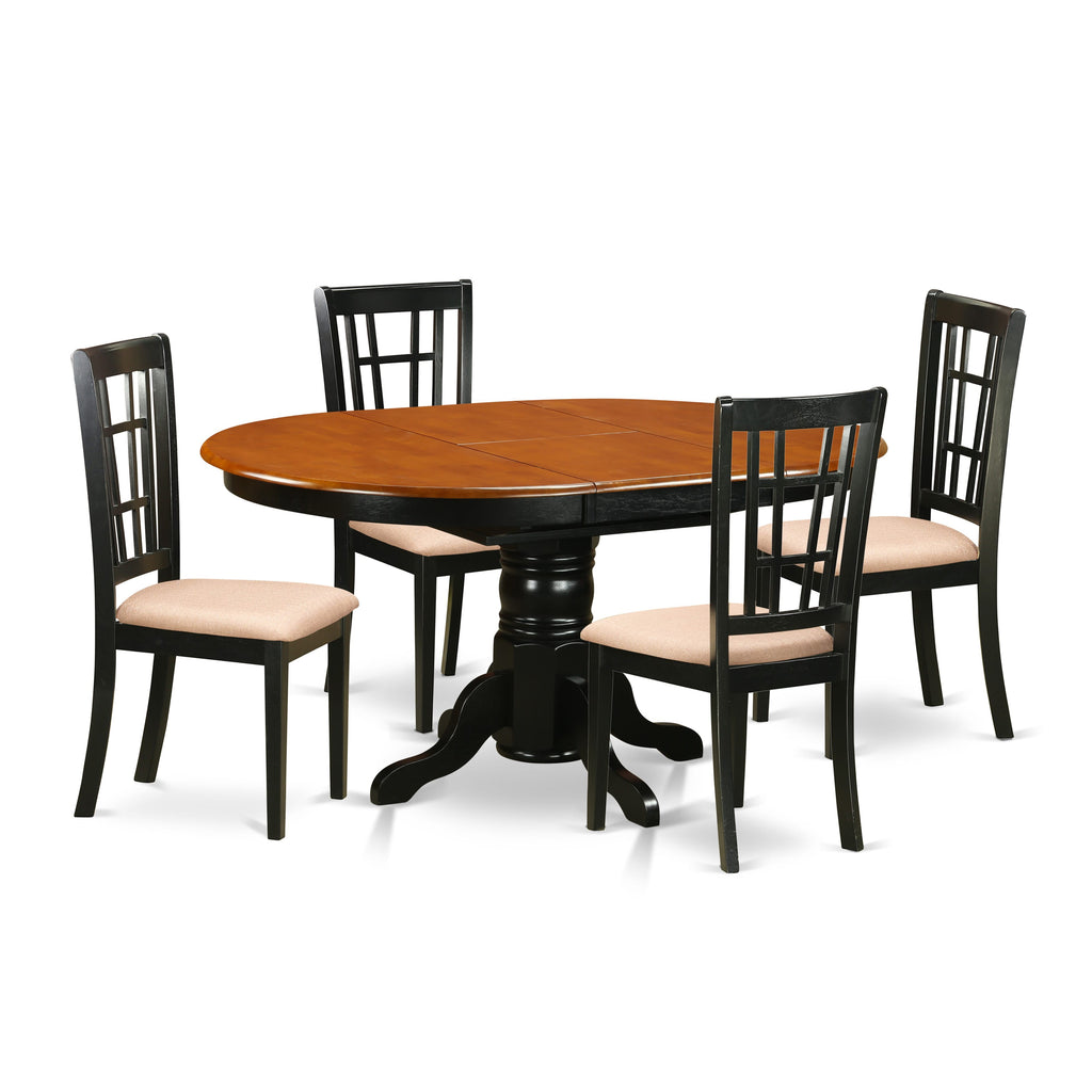 KENI5-79O-8 Five Piece Dining Ensemble Oval Table with Folding Leaf & Upholstered Chairs, Black & Cherry