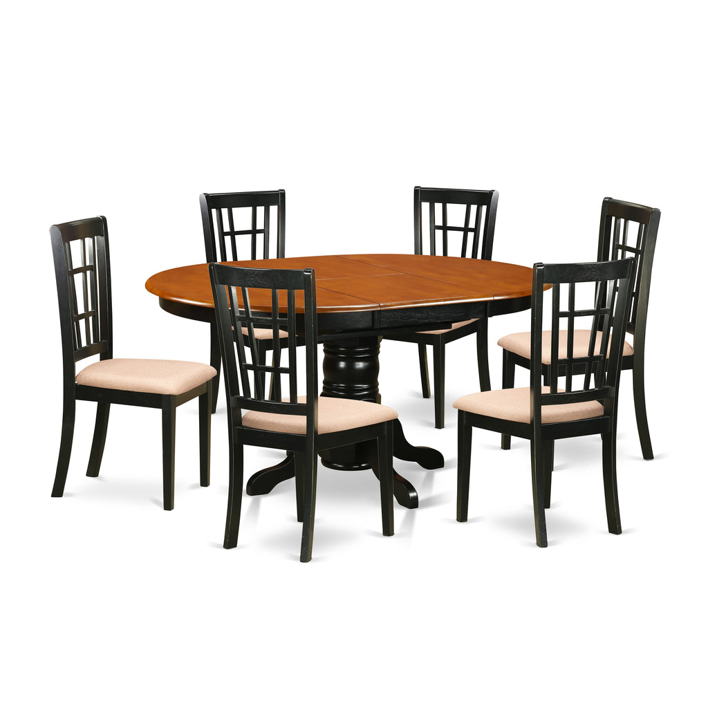 KENI7-GRH-6 7-Piece Oval Table & Linen Chair Dining Ensemble with Butterfly Leaf, Black & Cherry Finish