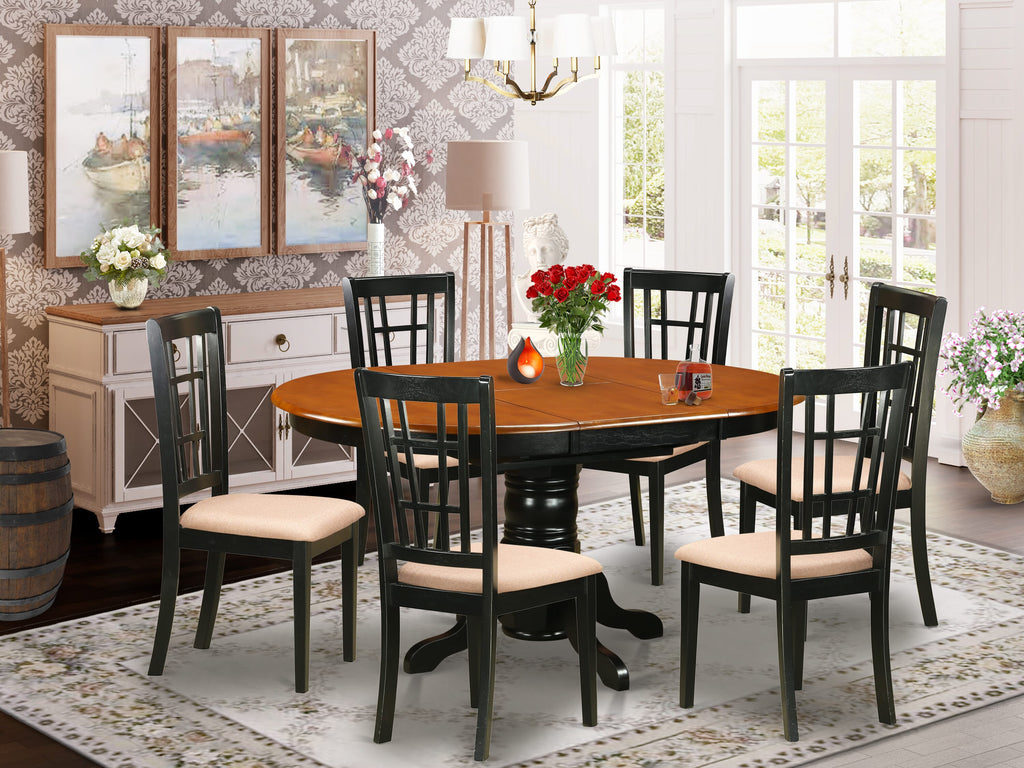 KENI7-GRH-6 7-Piece Oval Table & Linen Chair Dining Ensemble with Butterfly Leaf, Black & Cherry Finish