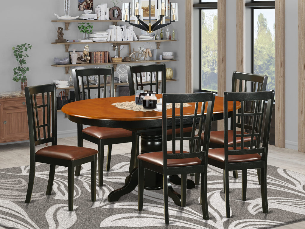 KENI7-ID1-VE 7-Piece Dining Ensemble with Oval Table & 6 Upholstered Chairs, Black & Cherry Finish, 42x60