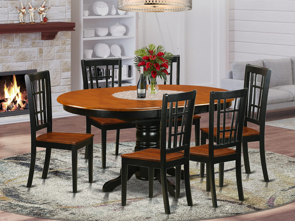 KENI7-T1U-K 7PC Set Elegant Oval Dining Table with Butterfly Leaf & 6 Chairs, Black Cherry
