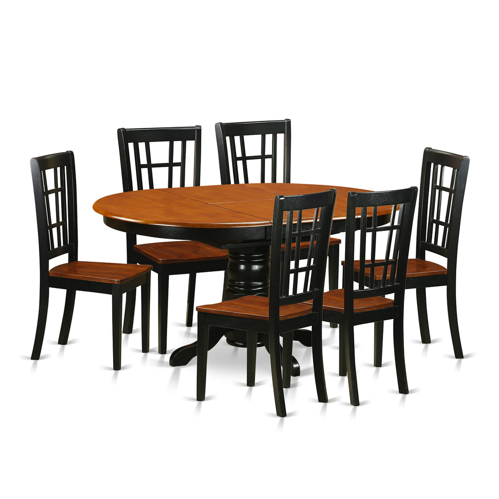 KENI7-T1U-K 7PC Set Elegant Oval Dining Table with Butterfly Leaf & 6 Chairs, Black Cherry