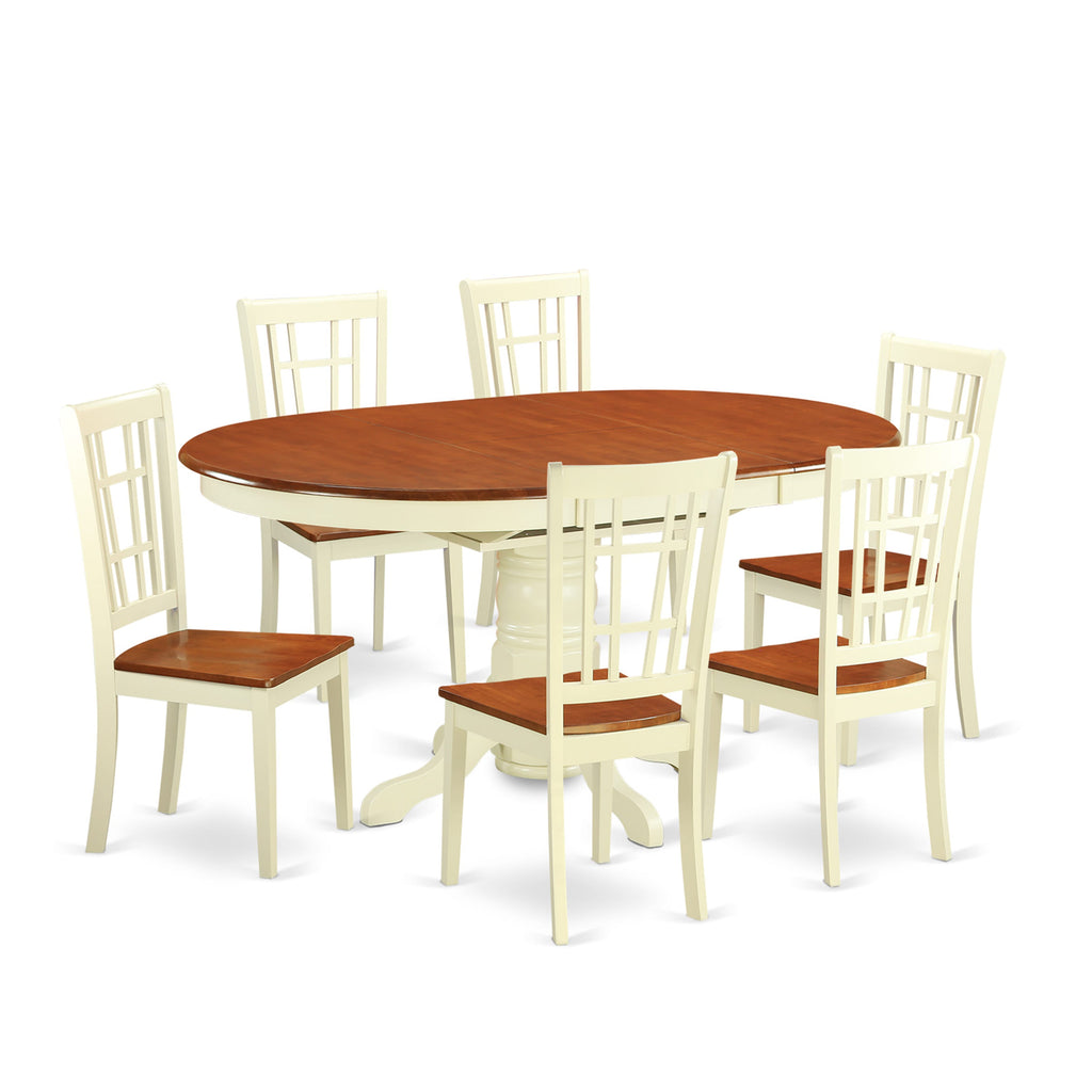 KENI7-7XS-3 Elegant 7-Piece Oval Dining Set with Butterfly Leaf & 6 Chairs, 42x60 Inch - Buttermilk & Cherry Finish