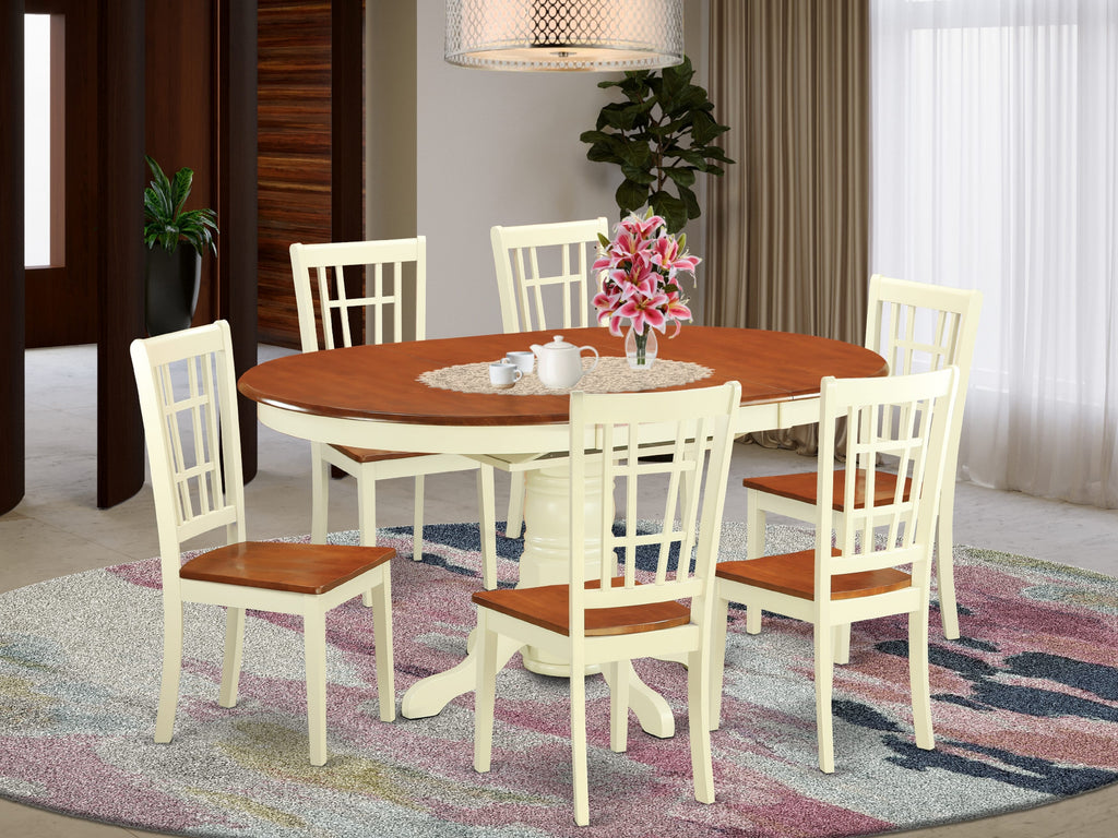 KENI7-7XS-3 Elegant 7-Piece Oval Dining Set with Butterfly Leaf & 6 Chairs, 42x60 Inch - Buttermilk & Cherry Finish