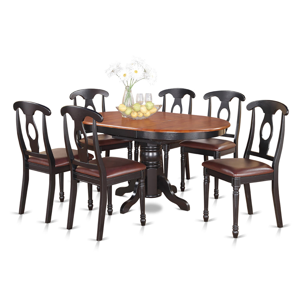 KENL7-KGF-QF Stylish 7-Seater Oval Dining Set with Extendable Leaf and Comfy Faux Leather Seating - In Sleek Black & Cherry Finish