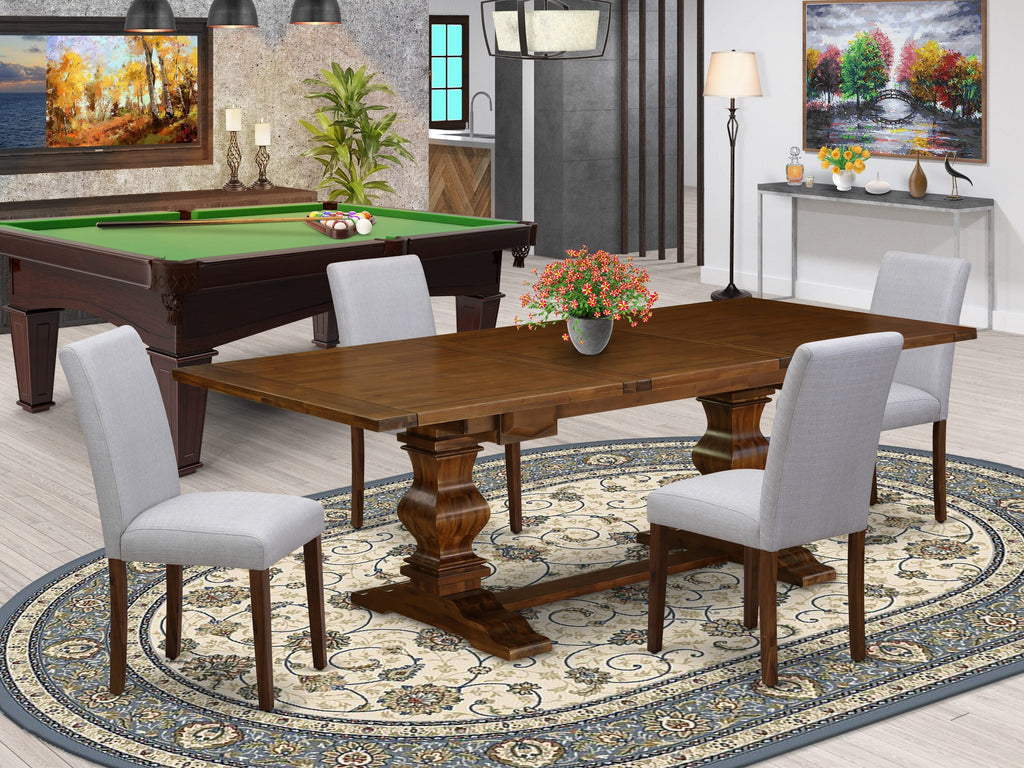 Explore LAAB5-0Y-25 Dining Ensemble 5-Piece Walnut Table Set, Rectangular Table with Leaf & 4 Grey Chairs