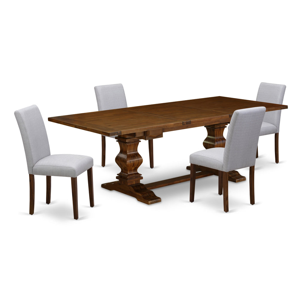 Explore LAAB5-0Y-25 Dining Ensemble 5-Piece Walnut Table Set, Rectangular Table with Leaf & 4 Grey Chairs