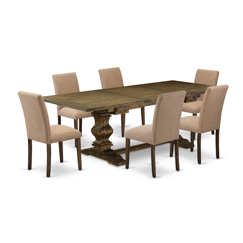 LAAB7-00-EM 7-Piece Dining Collection with Extendable Table and 6 Sable Upholstered Parsons Chairs in Jacobean Finish