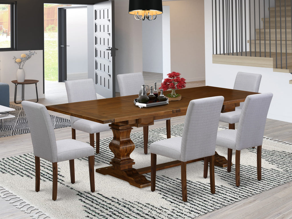 7-Piece Dining Ensemble (LAAB7-8O-C5) Chic Gray Upholstered Dining Chairs & Rectangular Table with Leaf, Walnut