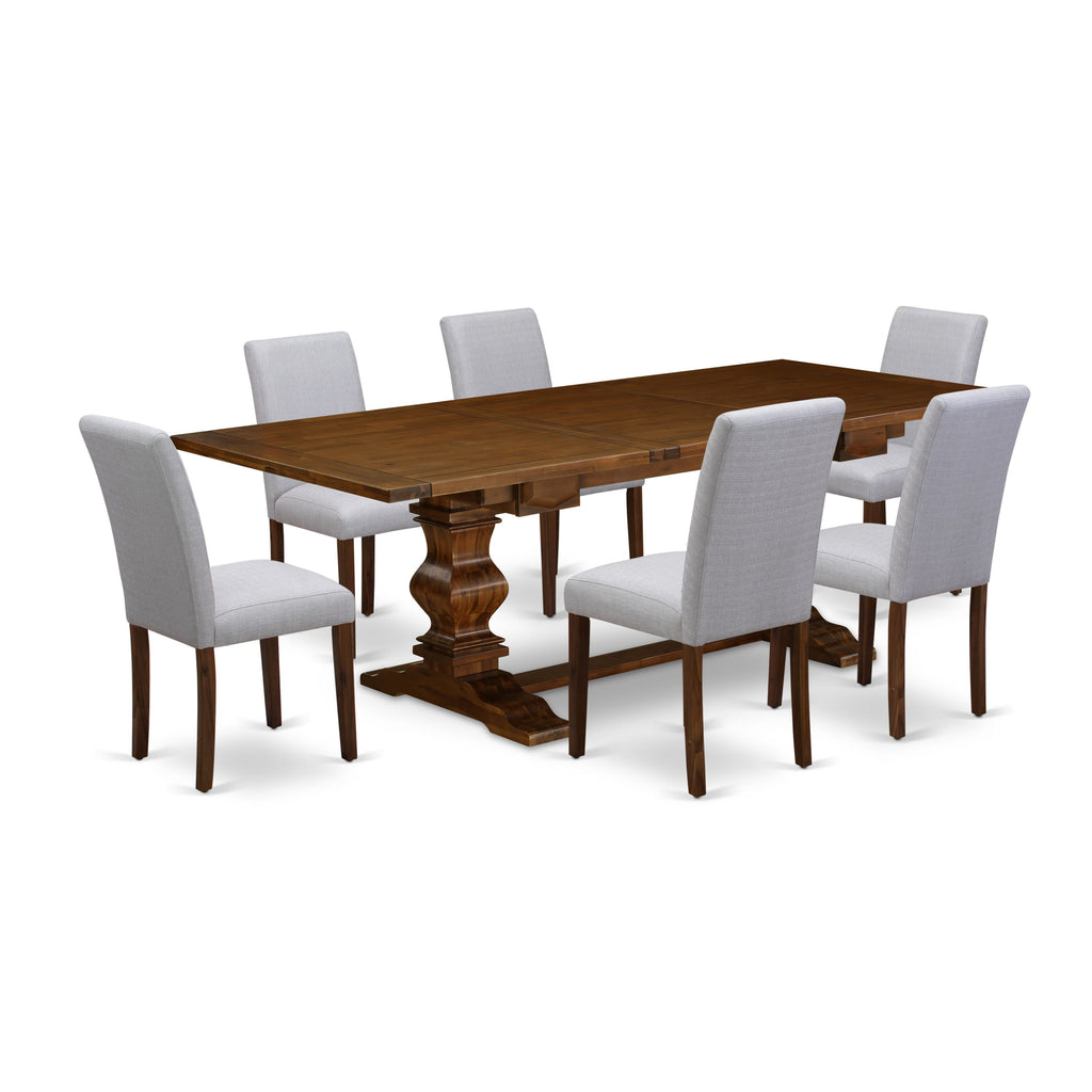 7-Piece Dining Ensemble (LAAB7-8O-C5) Chic Gray Upholstered Dining Chairs & Rectangular Table with Leaf, Walnut