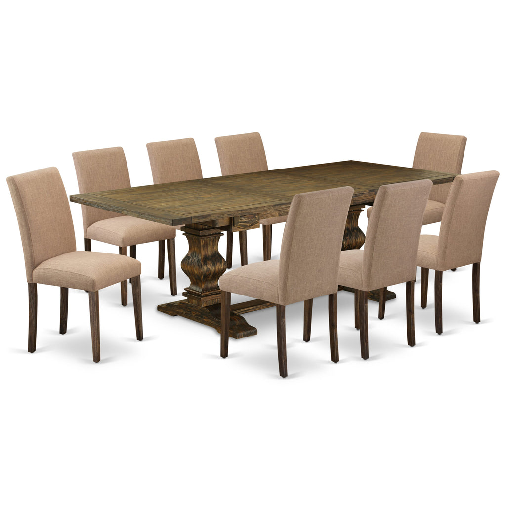 LAAB9-6W-1P 9-Pc Dining Set with Rectangular Extendable Table & 8 Parsons Chairs, 42x92, Jacobean Finish