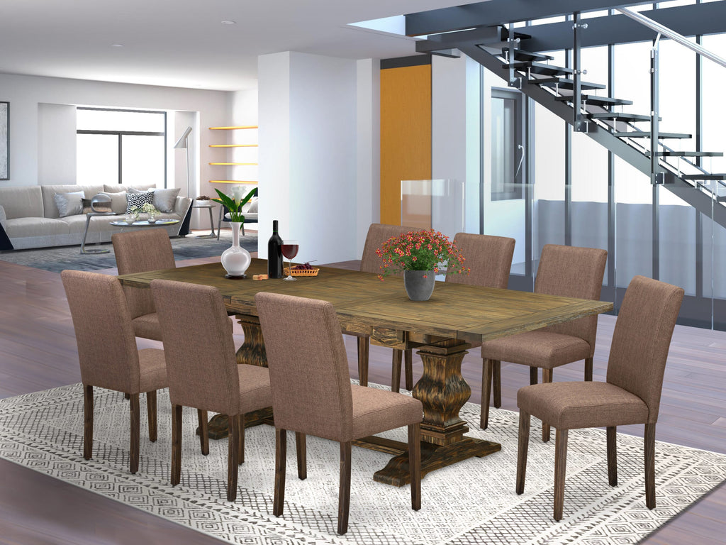 LAAB9-6W-1P 9-Pc Dining Set with Rectangular Extendable Table & 8 Parsons Chairs, 42x92, Jacobean Finish