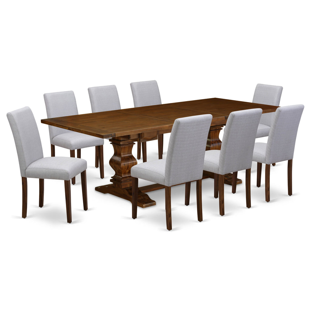 9-Piece Dining Set LAAB9-56-OV with Butterfly Leaf Table & 8 Upholstered Grey Chairs, 42x92 Walnut