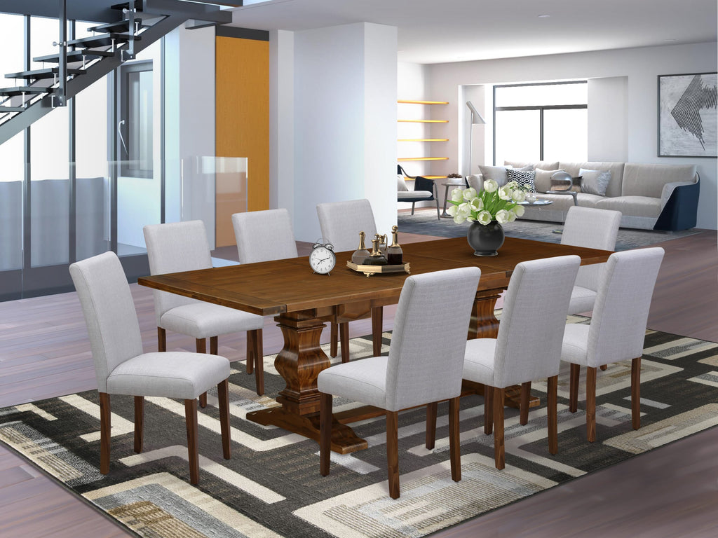 9-Piece Dining Set LAAB9-56-OV with Butterfly Leaf Table & 8 Upholstered Grey Chairs, 42x92 Walnut