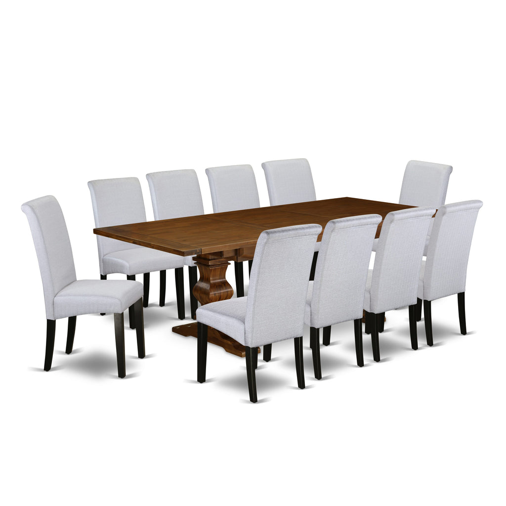 LABA17-IW-0S 11 Puzzle Dining Ensemble with Extendable Table and Grey Chairs, 42x92 Inch, Walnut Finish