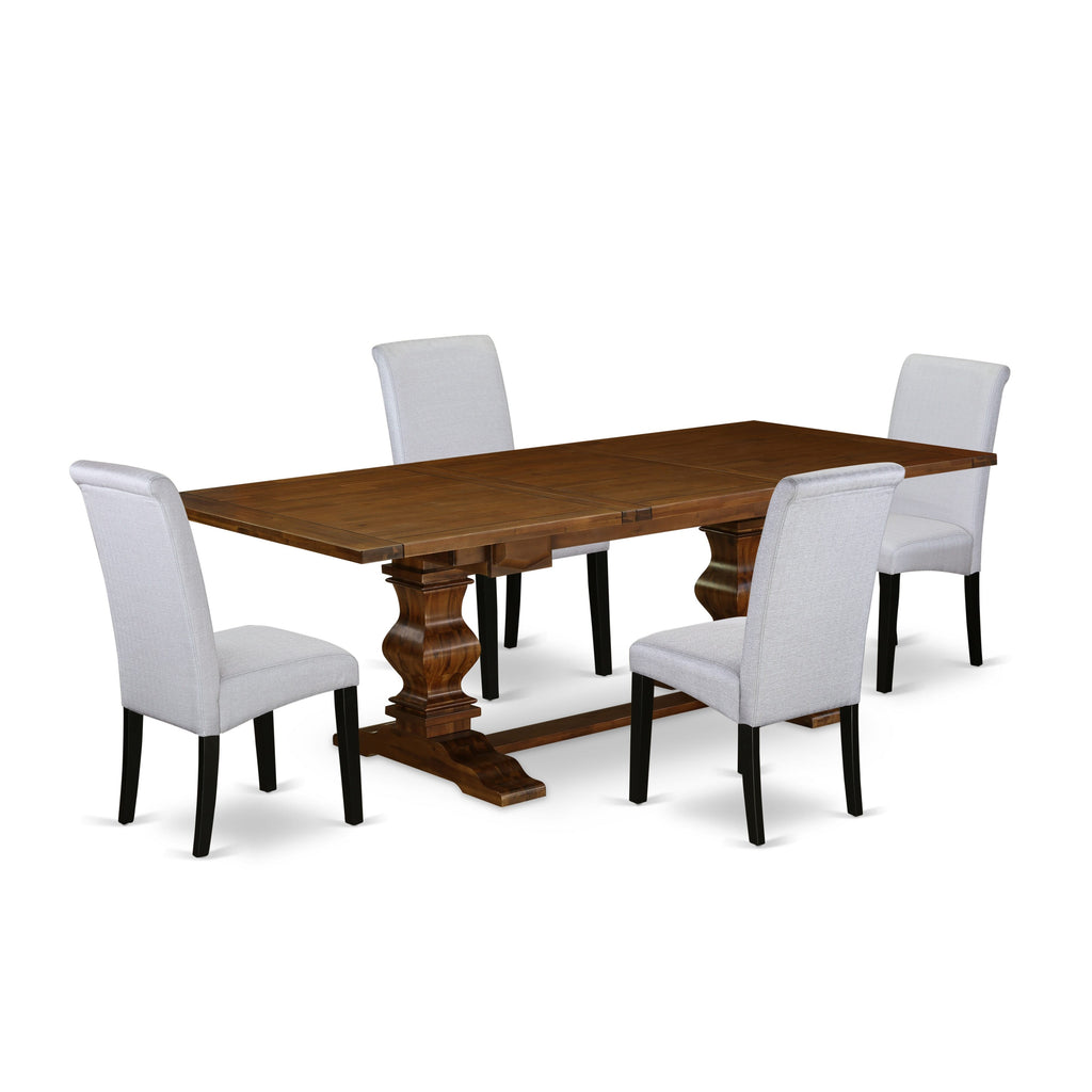 LABA5-X3-B9 5-Piece Dining Ensemble with Expanding Table & Charcoal Upholstered Seats in Walnut Finish
