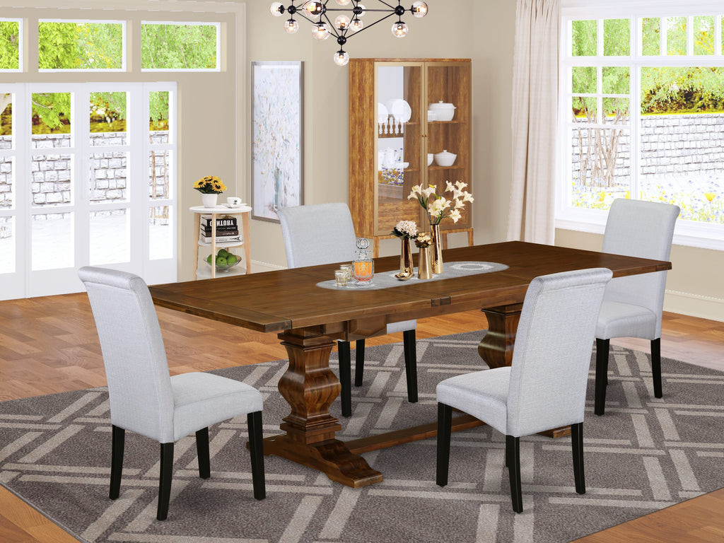 LABA5-X3-B9 5-Piece Dining Ensemble with Expanding Table & Charcoal Upholstered Seats in Walnut Finish