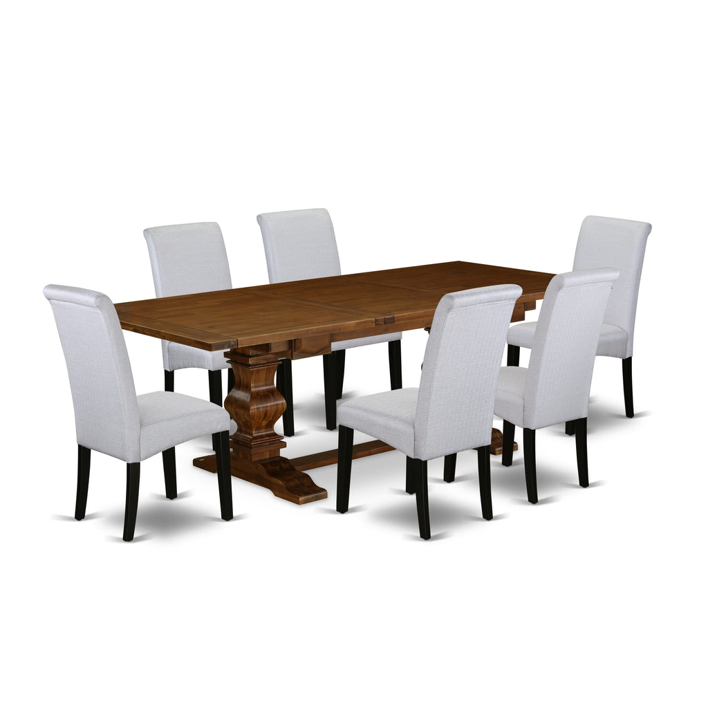 LABA7-3F-DW 7-Piece Dining Collection Featuring Rectangular Table with Leaf & 6 Grey Parson Chairs, 42x92 Walnut