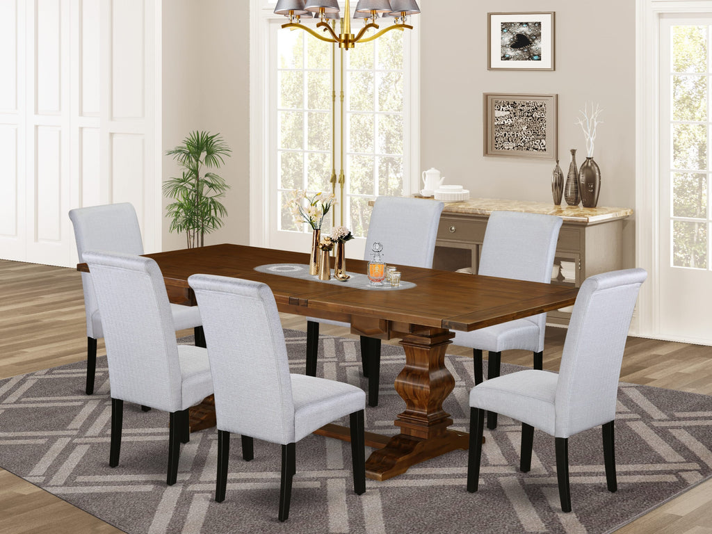 LABA7-3F-DW 7-Piece Dining Collection Featuring Rectangular Table with Leaf & 6 Grey Parson Chairs, 42x92 Walnut