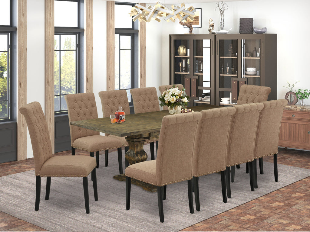 11-Piece Dining Ensemble LABR1A-S3-WU Featuring Rectangular Table with Leaf & 10 Upholstered Seats in Light Sable Linen, 42x92, Dark Oak Finish