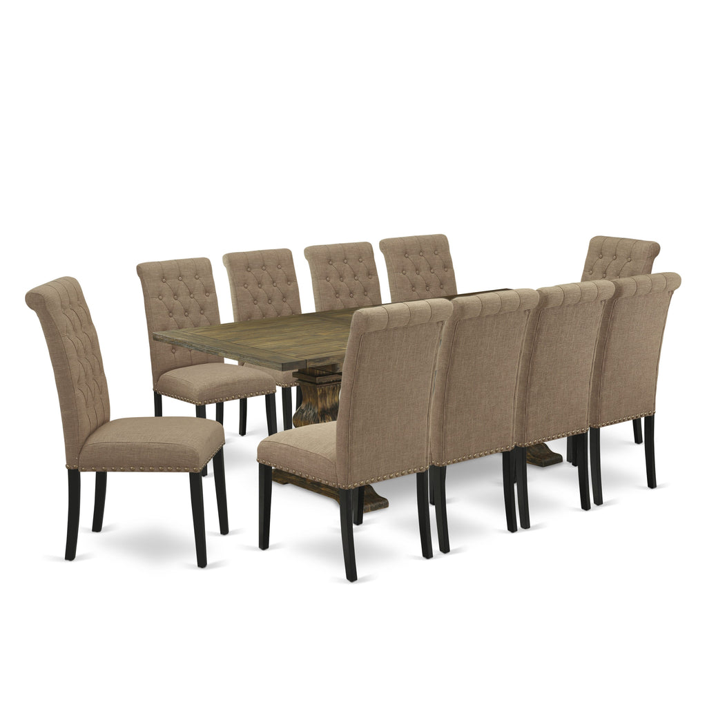 11-Piece Dining Ensemble LABR1A-S3-WU Featuring Rectangular Table with Leaf & 10 Upholstered Seats in Light Sable Linen, 42x92, Dark Oak Finish