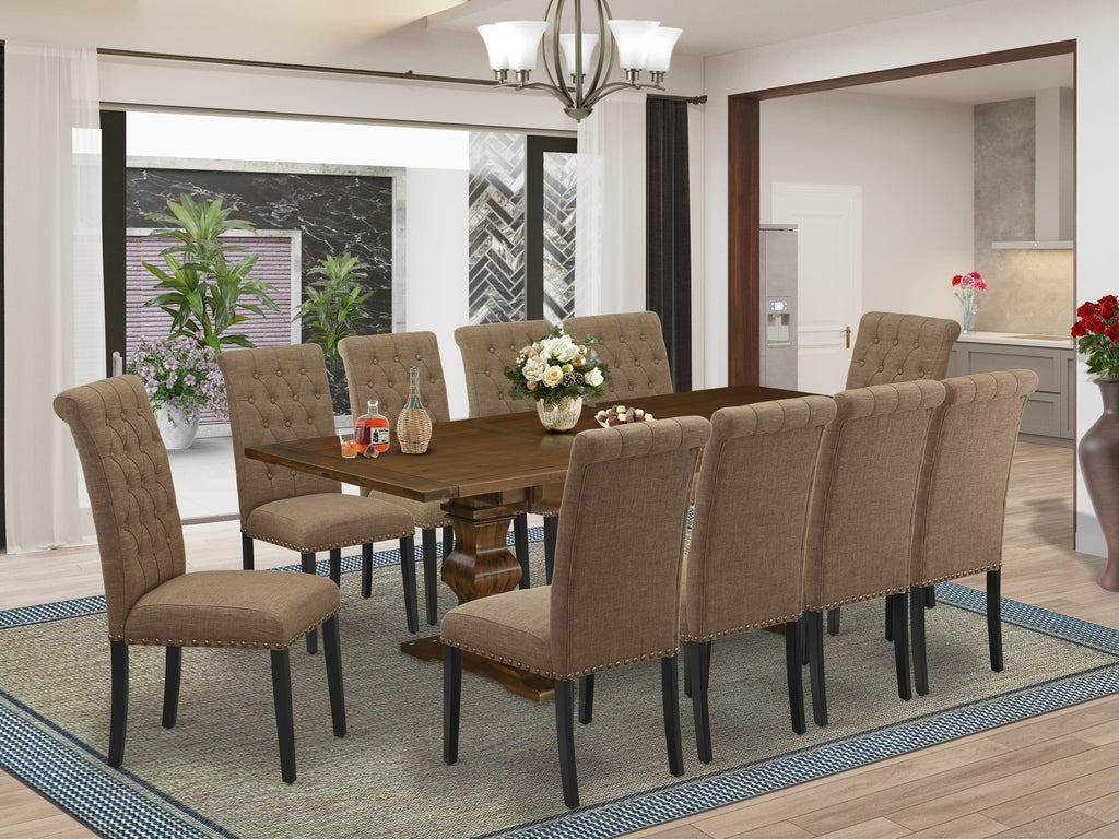 LABR1B-U4-5B Dining Ensemble 11-Piece Rectangular Set with Butterfly Leaf, Linen Seats, in Walnut