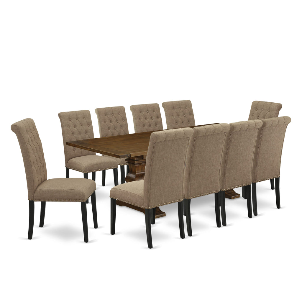 LABR1B-U4-5B Dining Ensemble 11-Piece Rectangular Set with Butterfly Leaf, Linen Seats, in Walnut