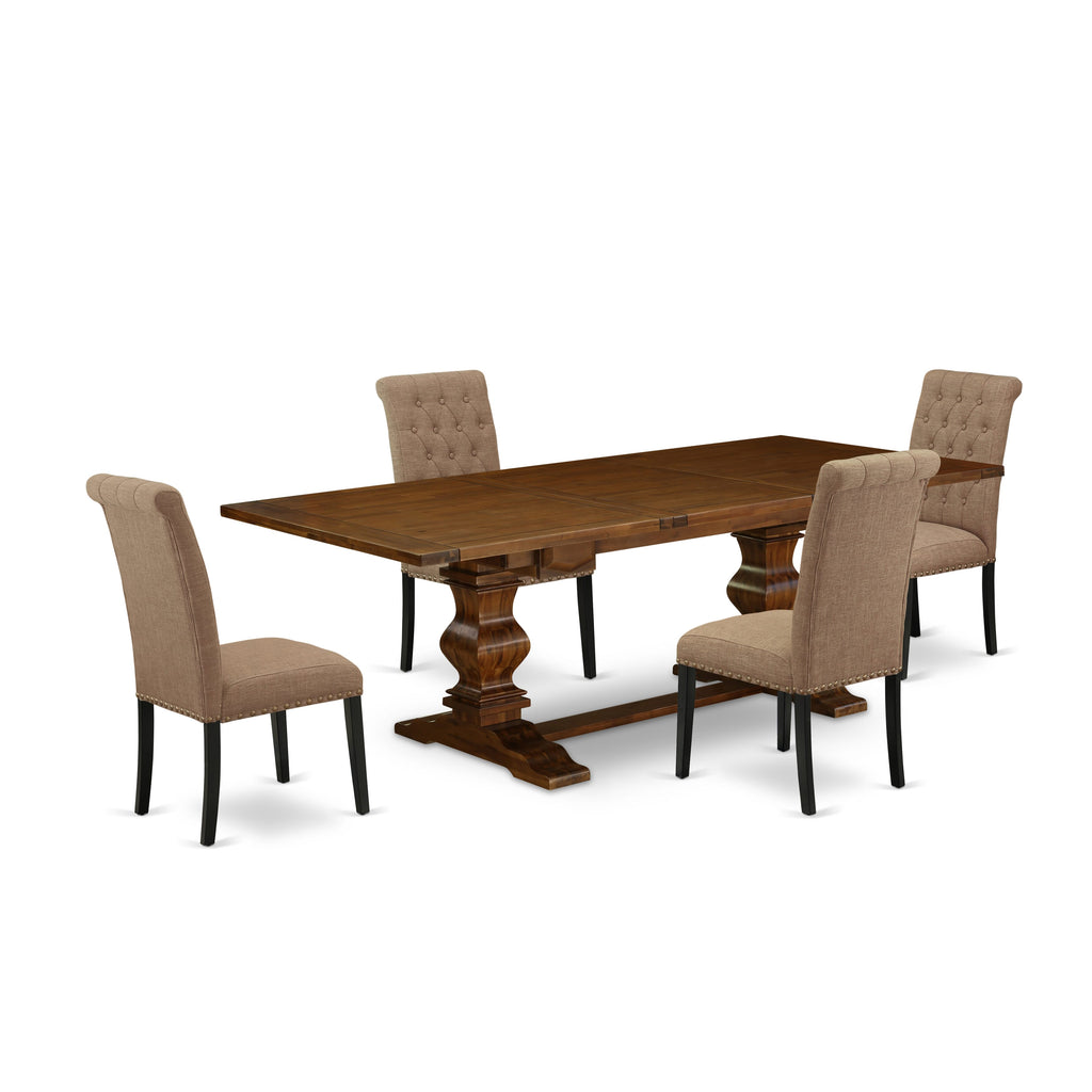 LABR5-VJ-F1 5-Piece Dining Set with Expanding Table and Linen Upholstered Chairs, Walnut Finish