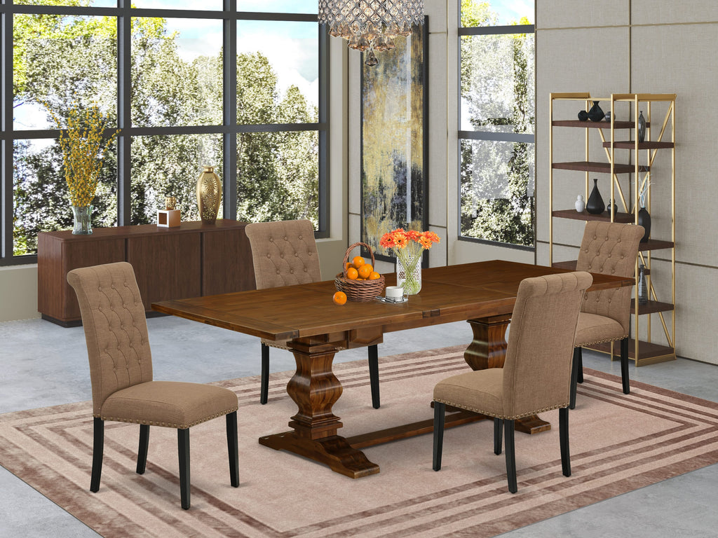 LABR5-VJ-F1 5-Piece Dining Set with Expanding Table and Linen Upholstered Chairs, Walnut Finish